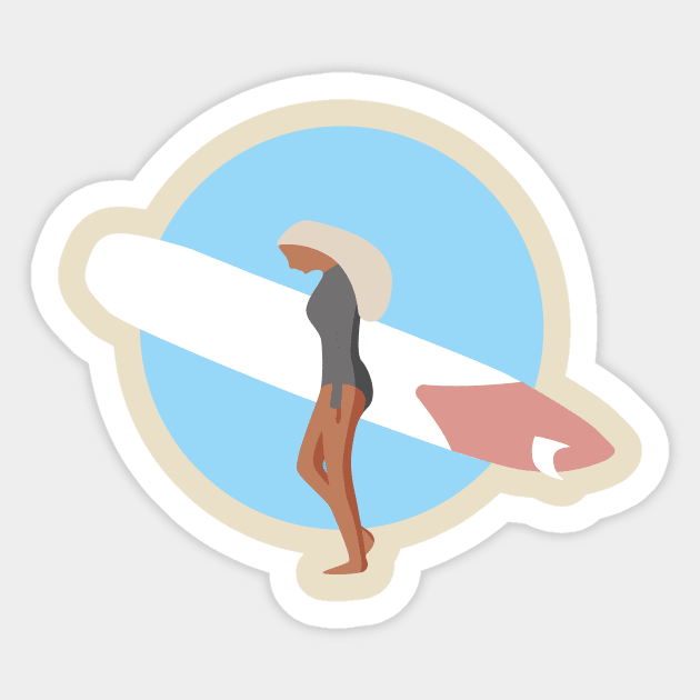 Surf Girl With Longboard In Blue Circle Sticker by JDP Designs